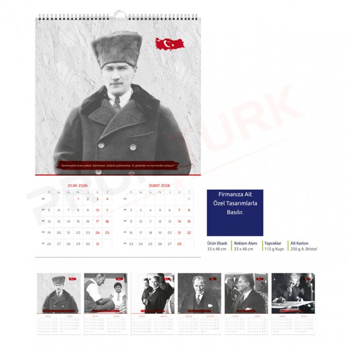 Atatürk Temalı Özel Tasarım Spiralli Duvar Takvimi 